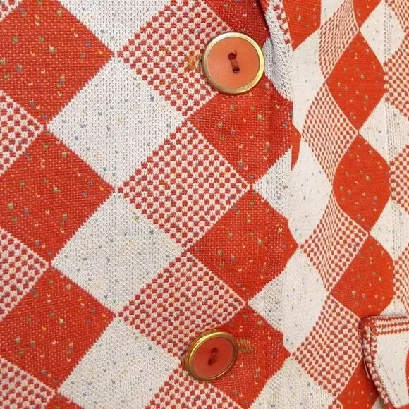 VINTAGE Blazer, M/L, Orange/Off-White Diamonds/Check, 2 buttons, Poly - Picture 8 of 12